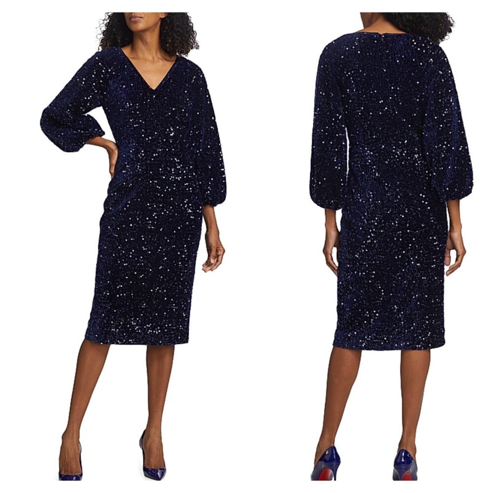 ELIE TAHARI Nwt The Robin Sequin Dress 8 Midnight Blue Blouson Sleeve Midi